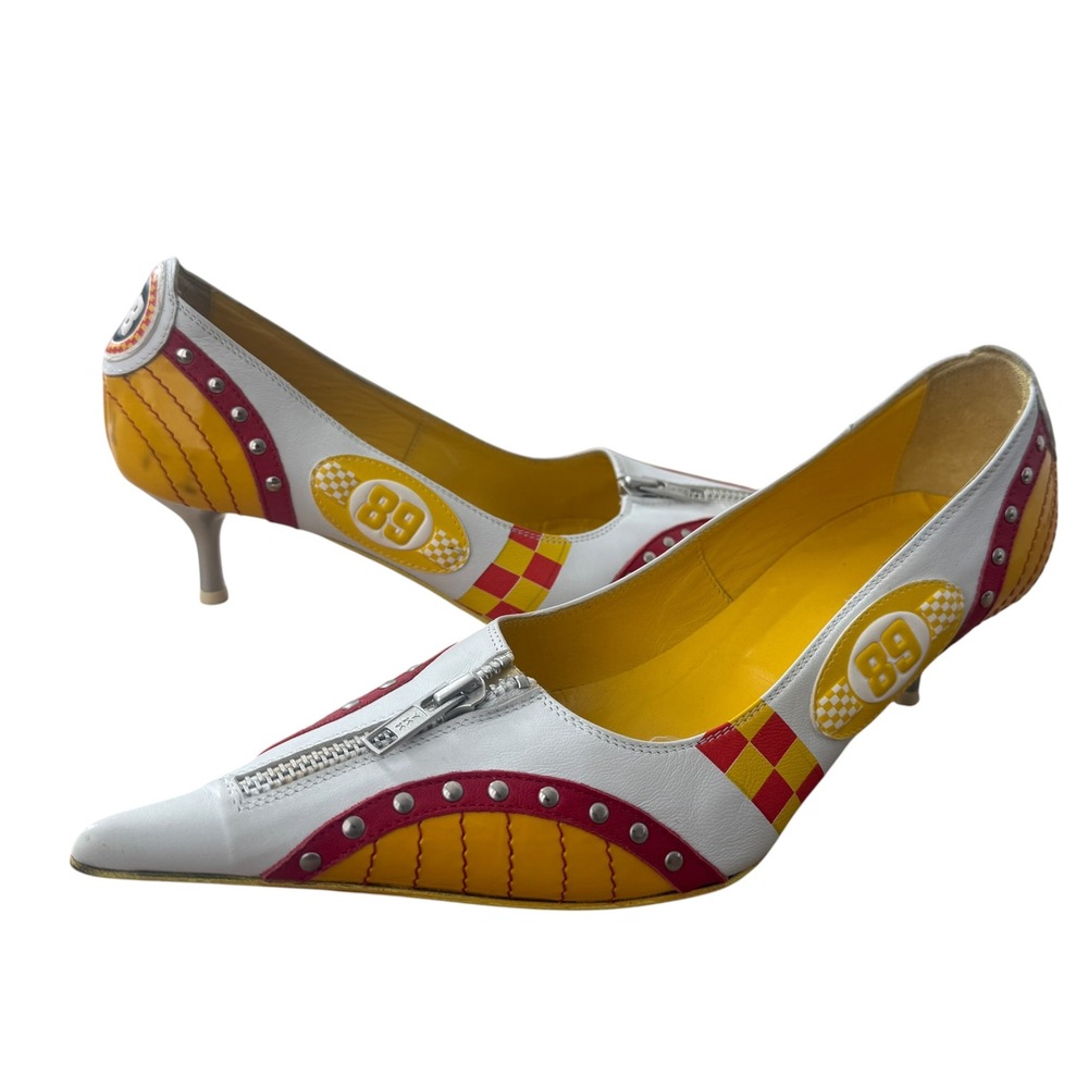 Charles David Racing Kitten Heels Leather Zip Moto Pumps 37.5 Y2K Yellow Red